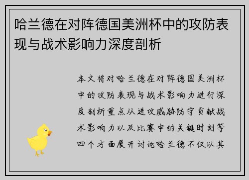 哈兰德在对阵德国美洲杯中的攻防表现与战术影响力深度剖析